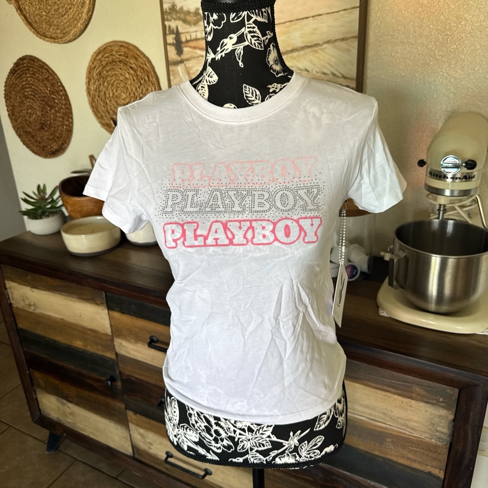 PLAYBOY White Tee with Pink Logo Accents